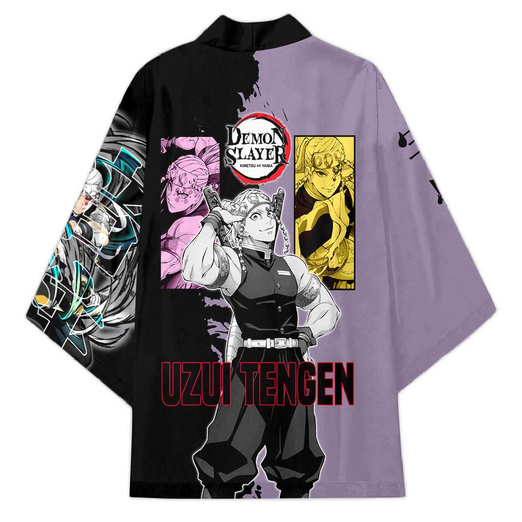 Tengen Uzui from Demon Slayer Kimono with Purple and Black Split Design and Dual Sword Manga Panel Layout - The Mazicc