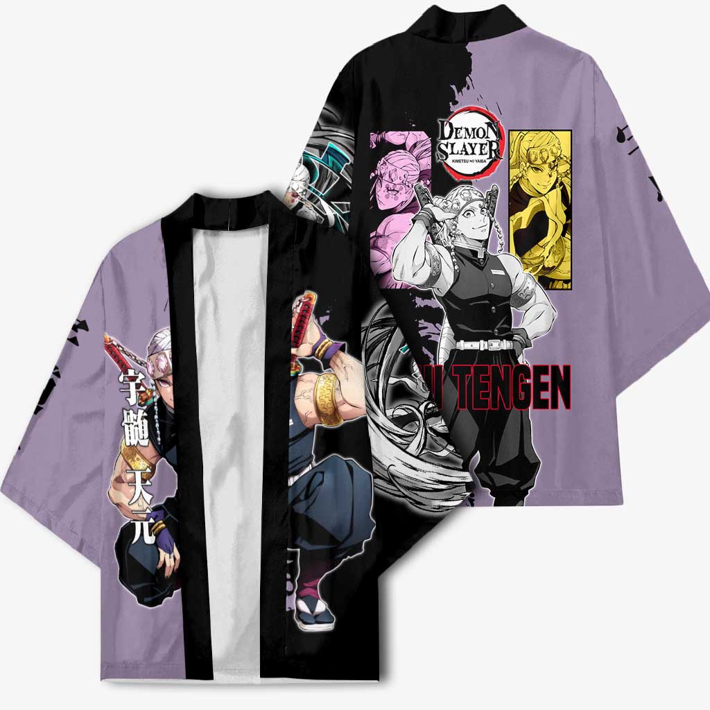 Tengen Uzui from Demon Slayer Kimono with Purple and Black Split Design and Dual Sword Manga Panel Layout - The Mazicc