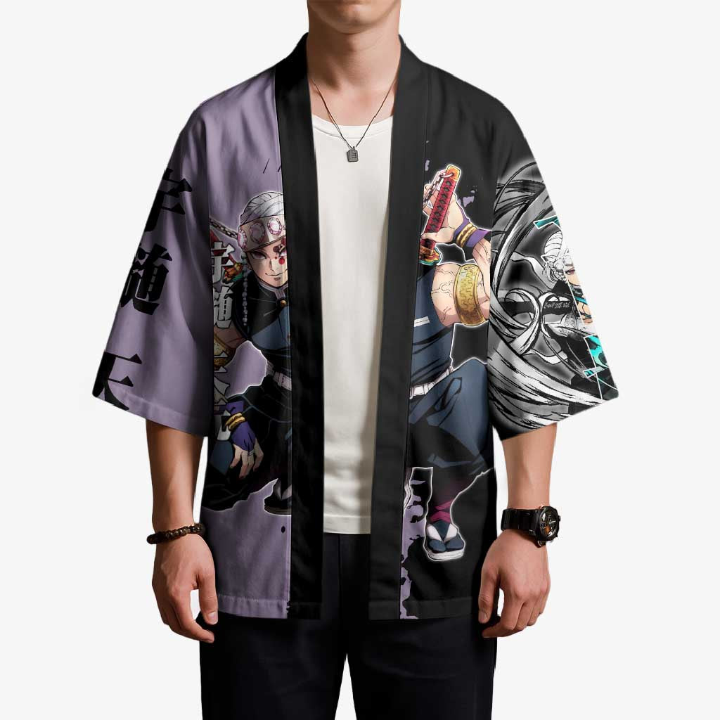 Tengen Uzui from Demon Slayer Kimono with Purple and Black Split Design and Dual Sword Manga Panel Layout - The Mazicc