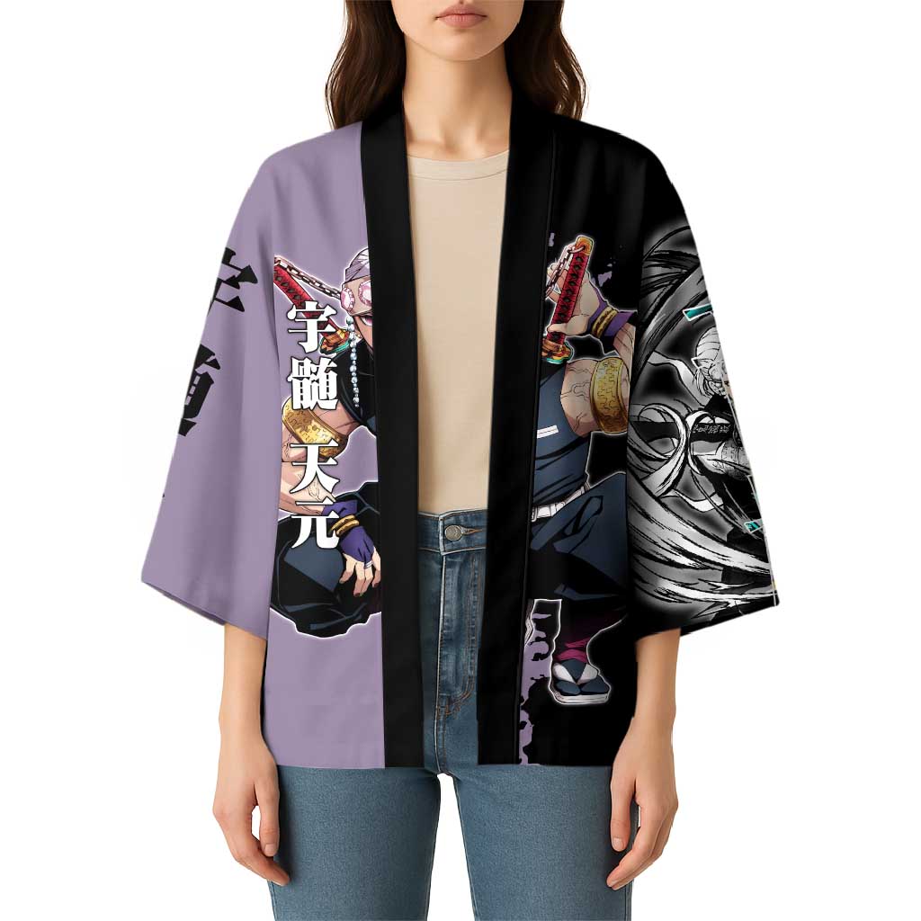 Tengen Uzui from Demon Slayer Kimono with Purple and Black Split Design and Dual Sword Manga Panel Layout - The Mazicc