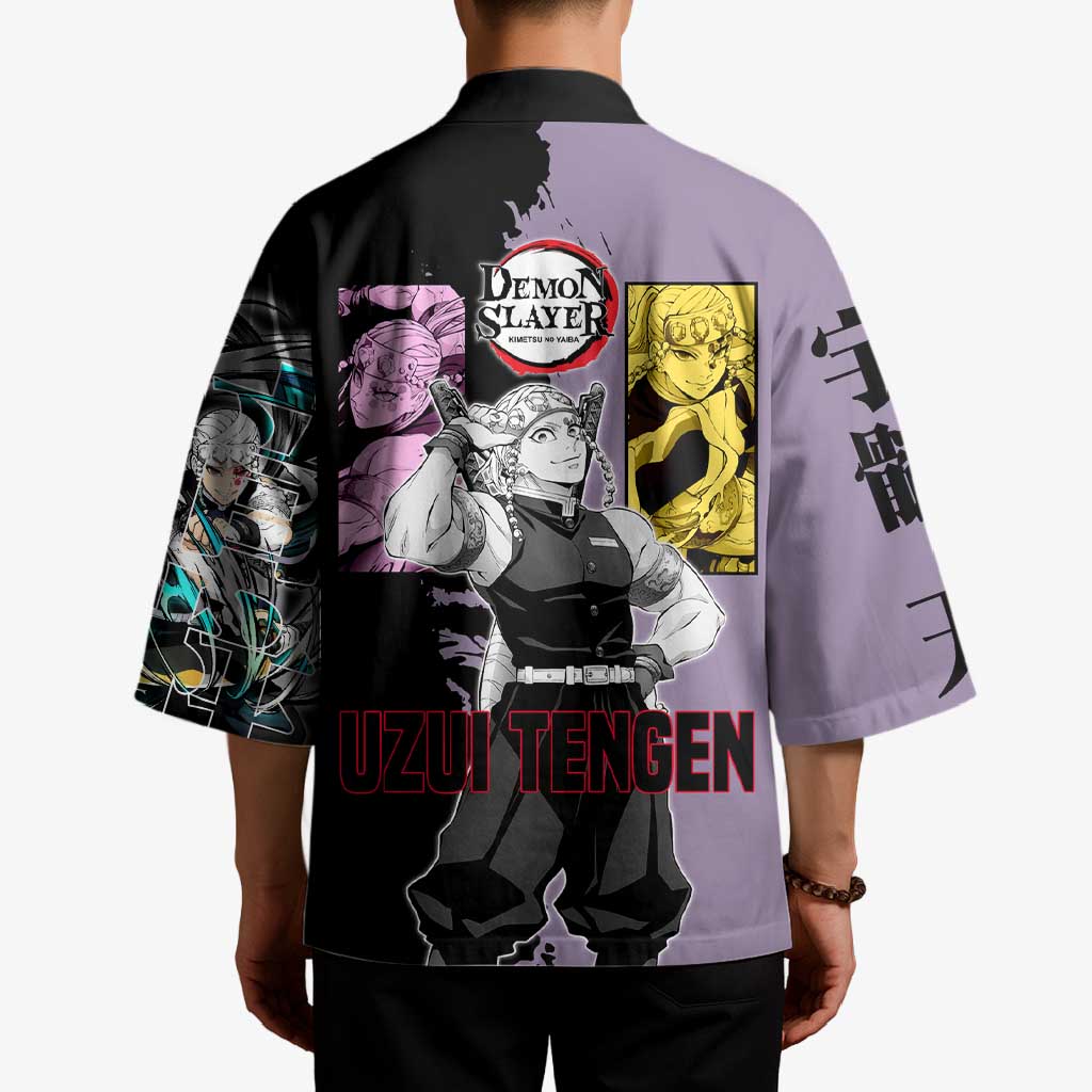 Tengen Uzui from Demon Slayer Kimono with Purple and Black Split Design and Dual Sword Manga Panel Layout - The Mazicc