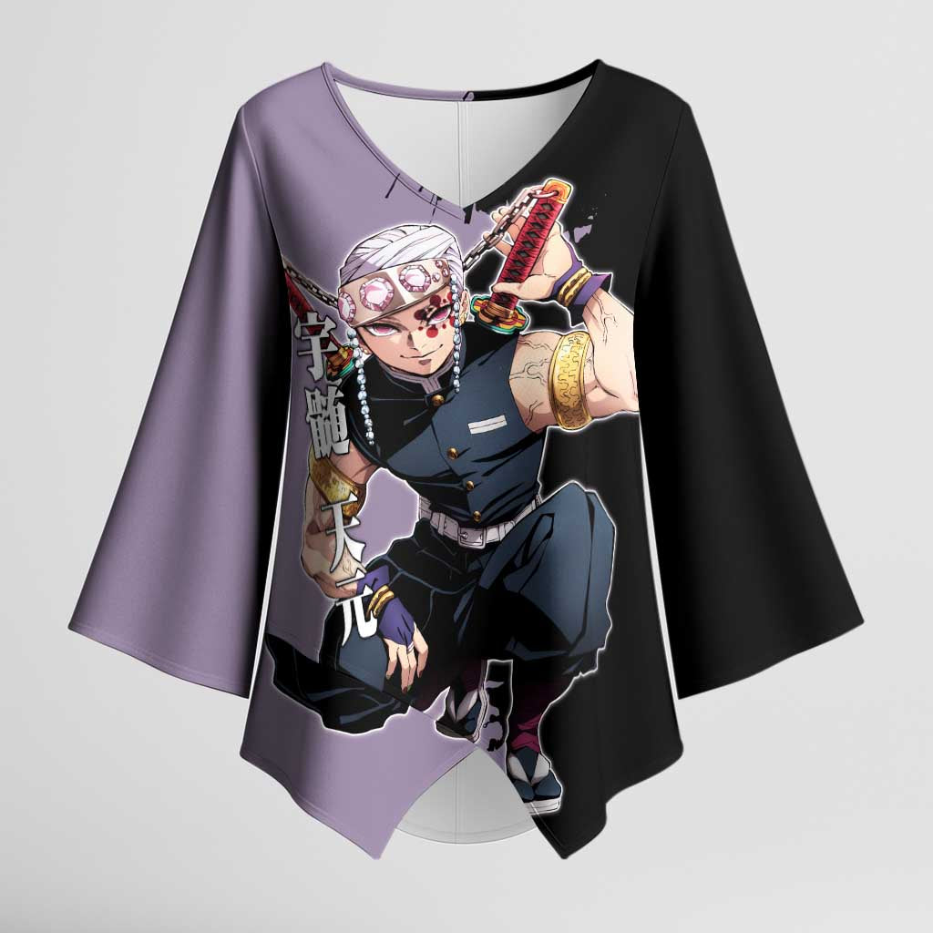 Tengen Uzui from Demon Slayer Kimono Sleeve Blouse with Purple and Black Split Design and Dual Sword Manga Panel Layout - The Mazicc