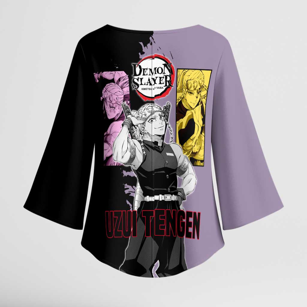 Tengen Uzui from Demon Slayer Kimono Sleeve Blouse with Purple and Black Split Design and Dual Sword Manga Panel Layout - The Mazicc