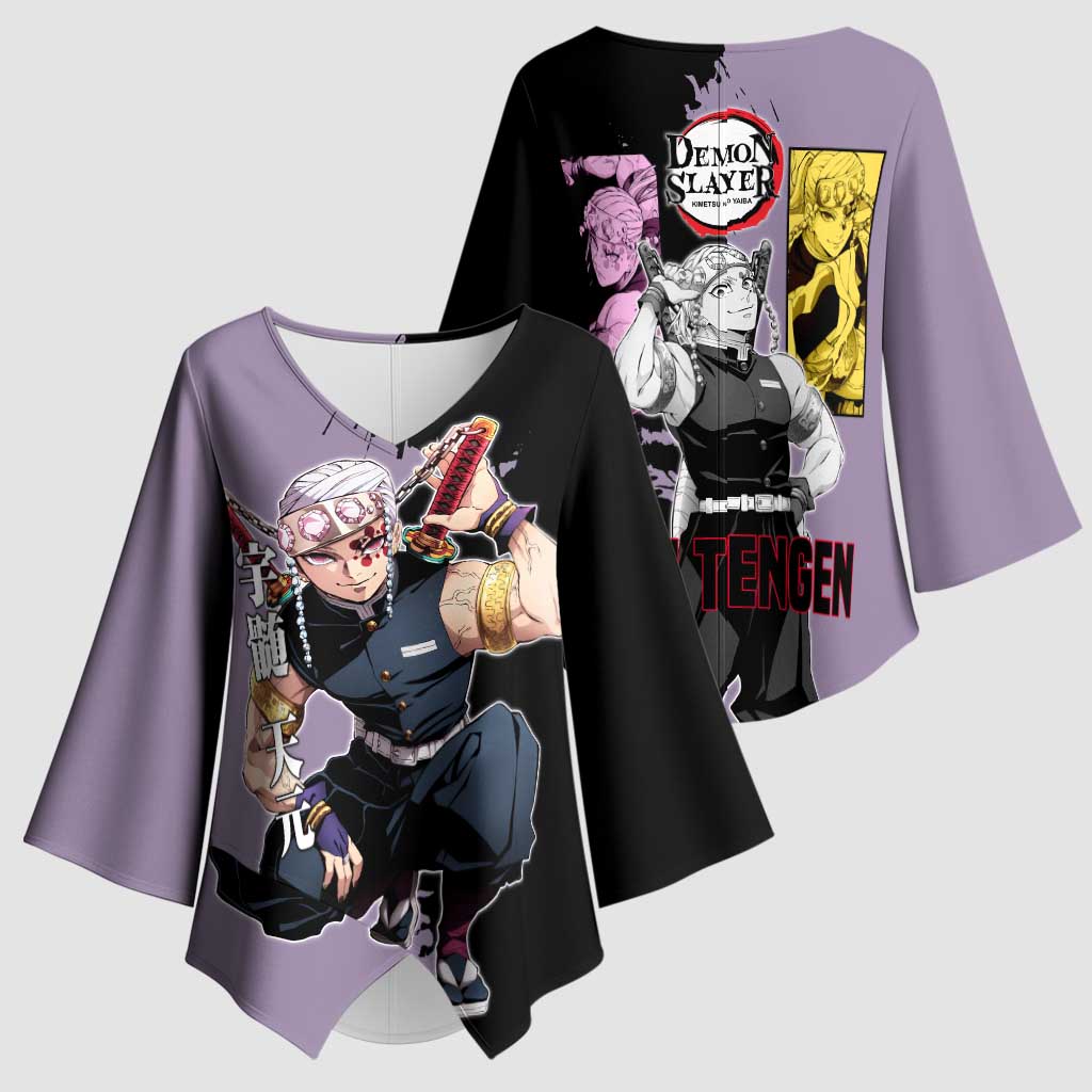 Tengen Uzui from Demon Slayer Kimono Sleeve Blouse with Purple and Black Split Design and Dual Sword Manga Panel Layout - The Mazicc
