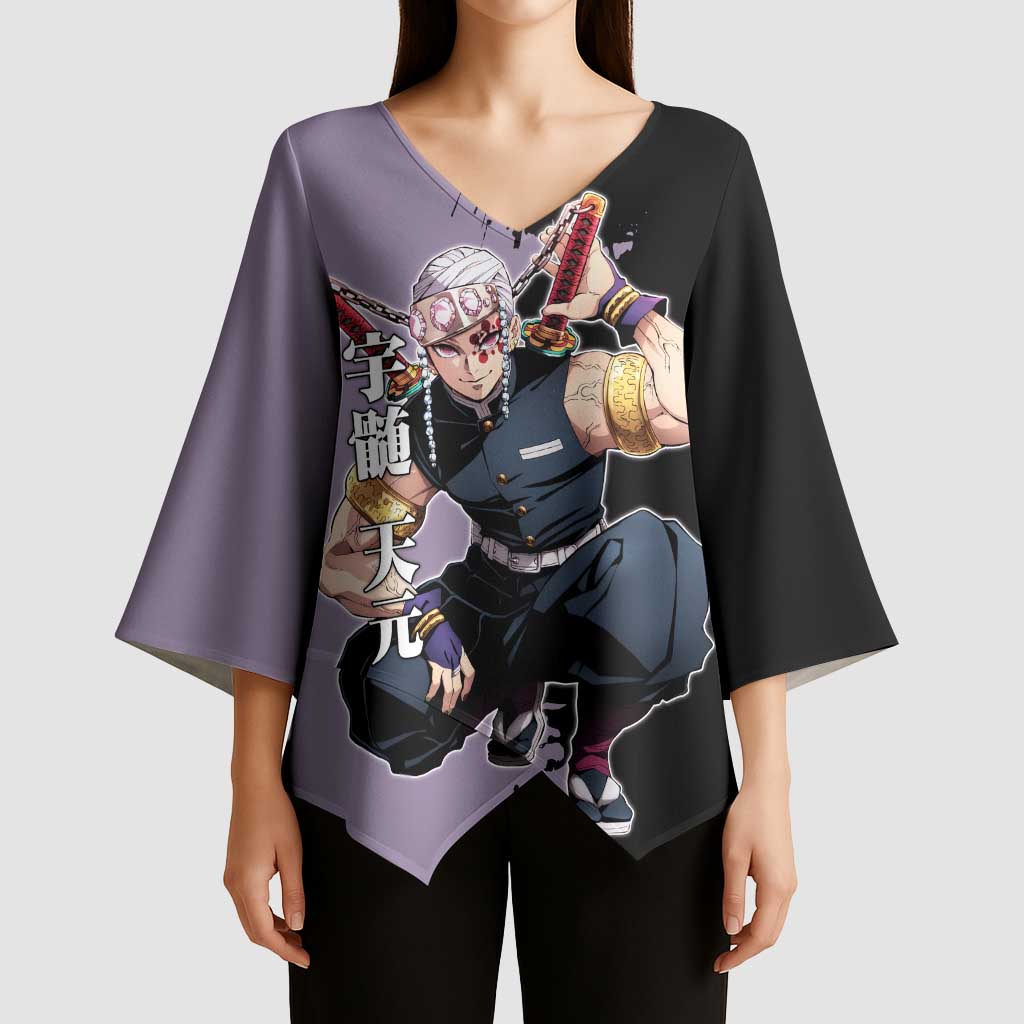Tengen Uzui from Demon Slayer Kimono Sleeve Blouse with Purple and Black Split Design and Dual Sword Manga Panel Layout - The Mazicc
