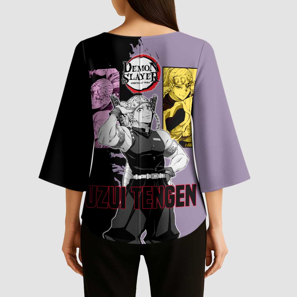 Tengen Uzui from Demon Slayer Kimono Sleeve Blouse with Purple and Black Split Design and Dual Sword Manga Panel Layout - The Mazicc