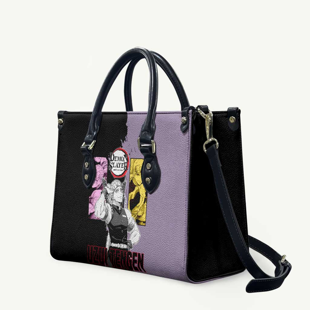 Tengen Uzui from Demon Slayer Leather Bag with Purple and Black Split Design and Dual Sword Manga Panel Layout - The Mazicc