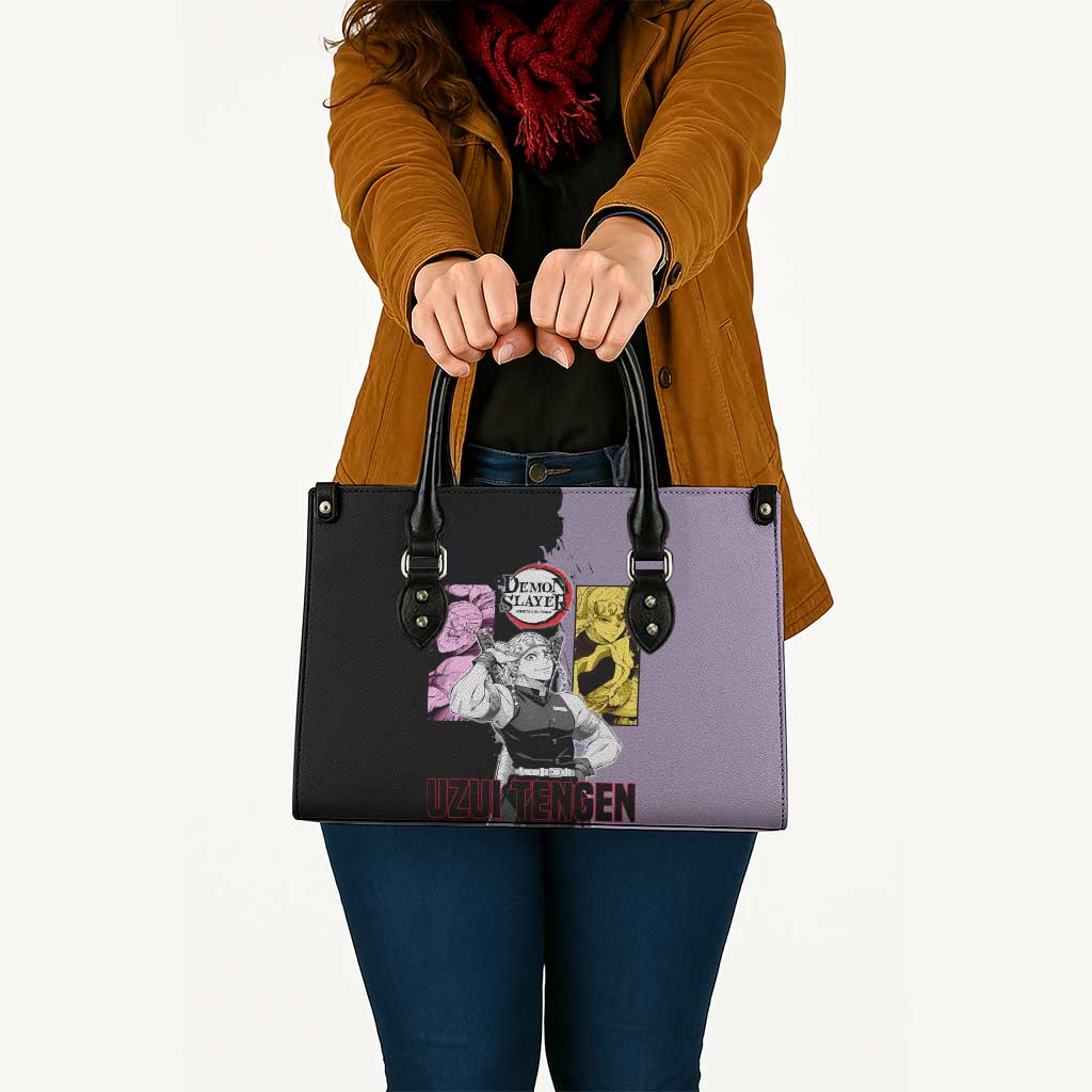 Tengen Uzui from Demon Slayer Leather Bag with Purple and Black Split Design and Dual Sword Manga Panel Layout - The Mazicc