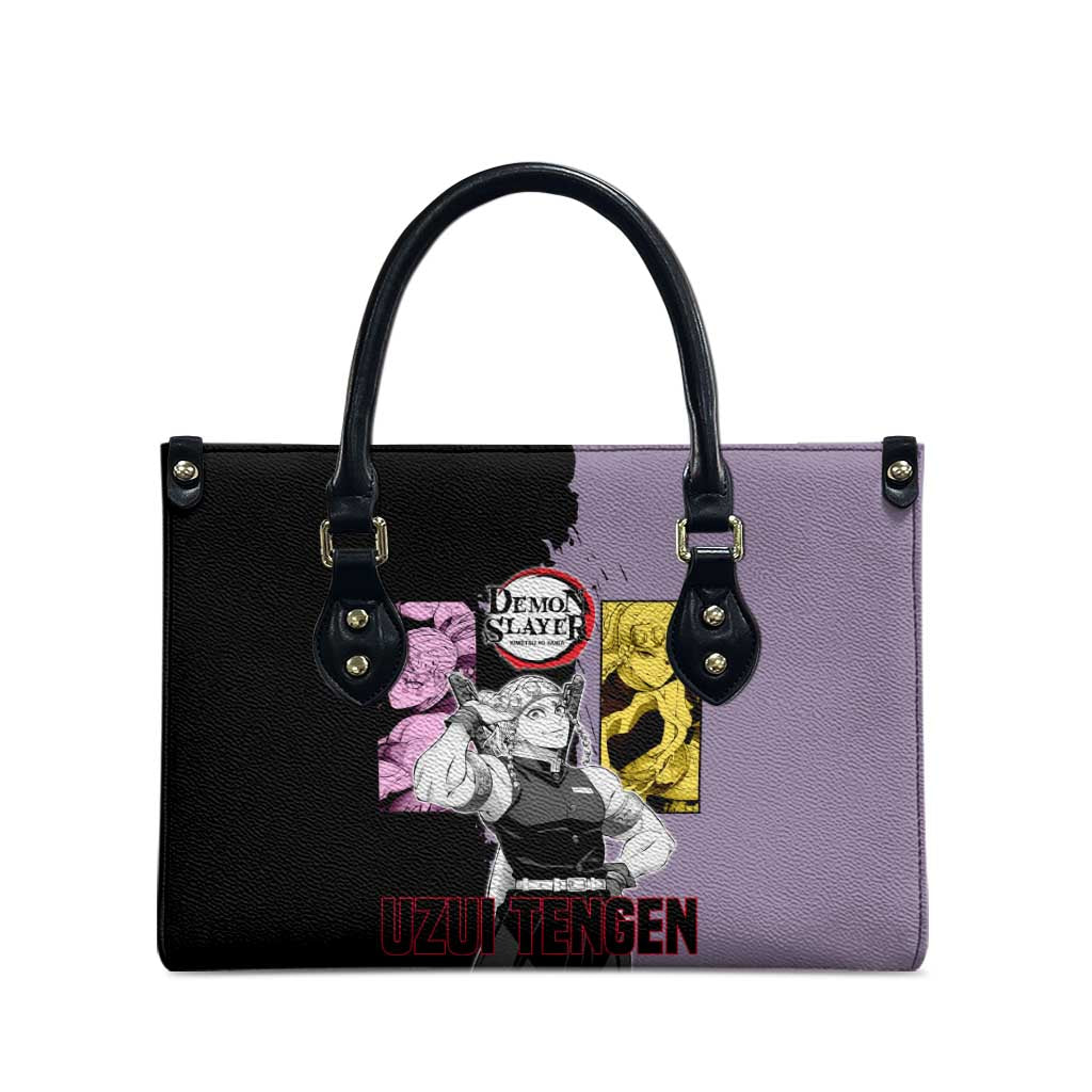 Tengen Uzui from Demon Slayer Leather Bag with Purple and Black Split Design and Dual Sword Manga Panel Layout - The Mazicc