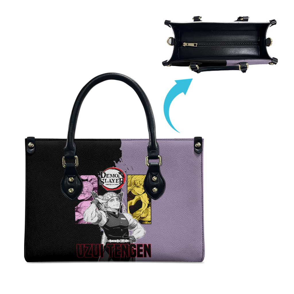 Tengen Uzui from Demon Slayer Leather Bag with Purple and Black Split Design and Dual Sword Manga Panel Layout - The Mazicc