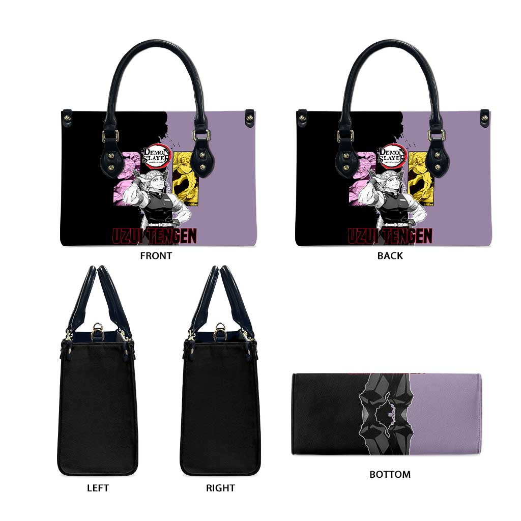 Tengen Uzui from Demon Slayer Leather Bag with Purple and Black Split Design and Dual Sword Manga Panel Layout - The Mazicc