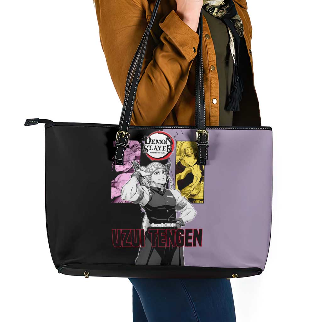 Tengen Uzui from Demon Slayer Leather Tote Bag with Purple and Black Split Design and Dual Sword Manga Panel Layout - The Mazicc