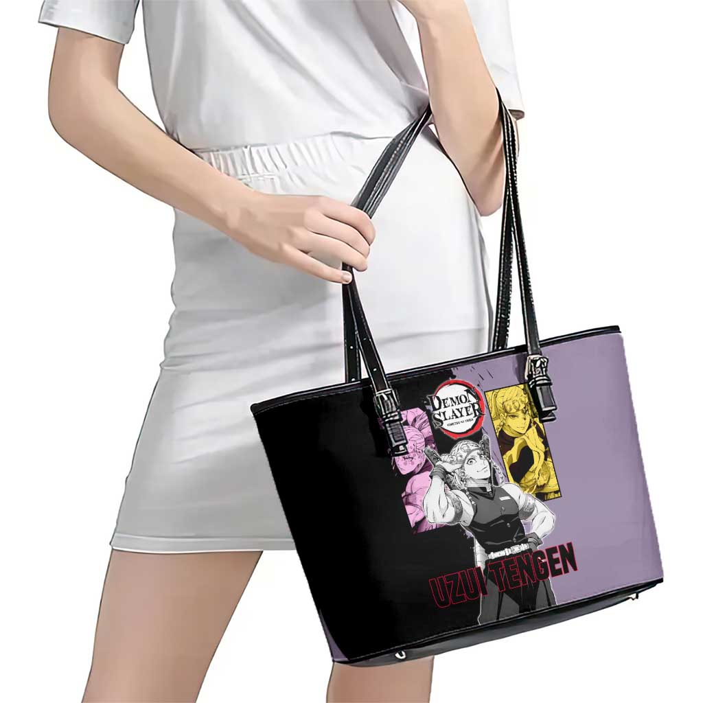 Tengen Uzui from Demon Slayer Leather Tote Bag with Purple and Black Split Design and Dual Sword Manga Panel Layout - The Mazicc