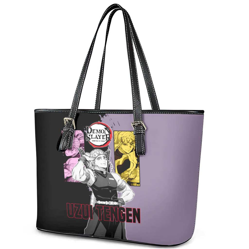 Tengen Uzui from Demon Slayer Leather Tote Bag with Purple and Black Split Design and Dual Sword Manga Panel Layout - The Mazicc