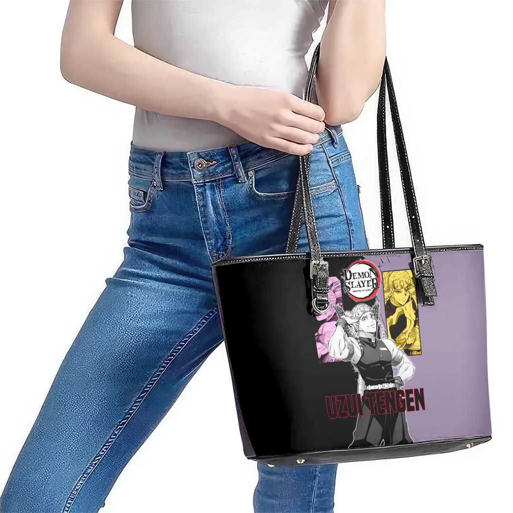 Tengen Uzui from Demon Slayer Leather Tote Bag with Purple and Black Split Design and Dual Sword Manga Panel Layout - The Mazicc