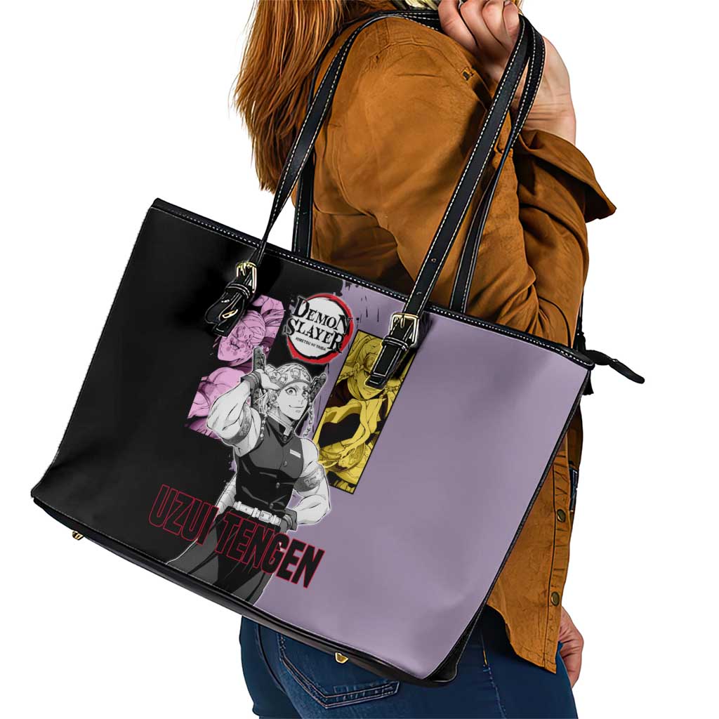 Tengen Uzui from Demon Slayer Leather Tote Bag with Purple and Black Split Design and Dual Sword Manga Panel Layout - The Mazicc