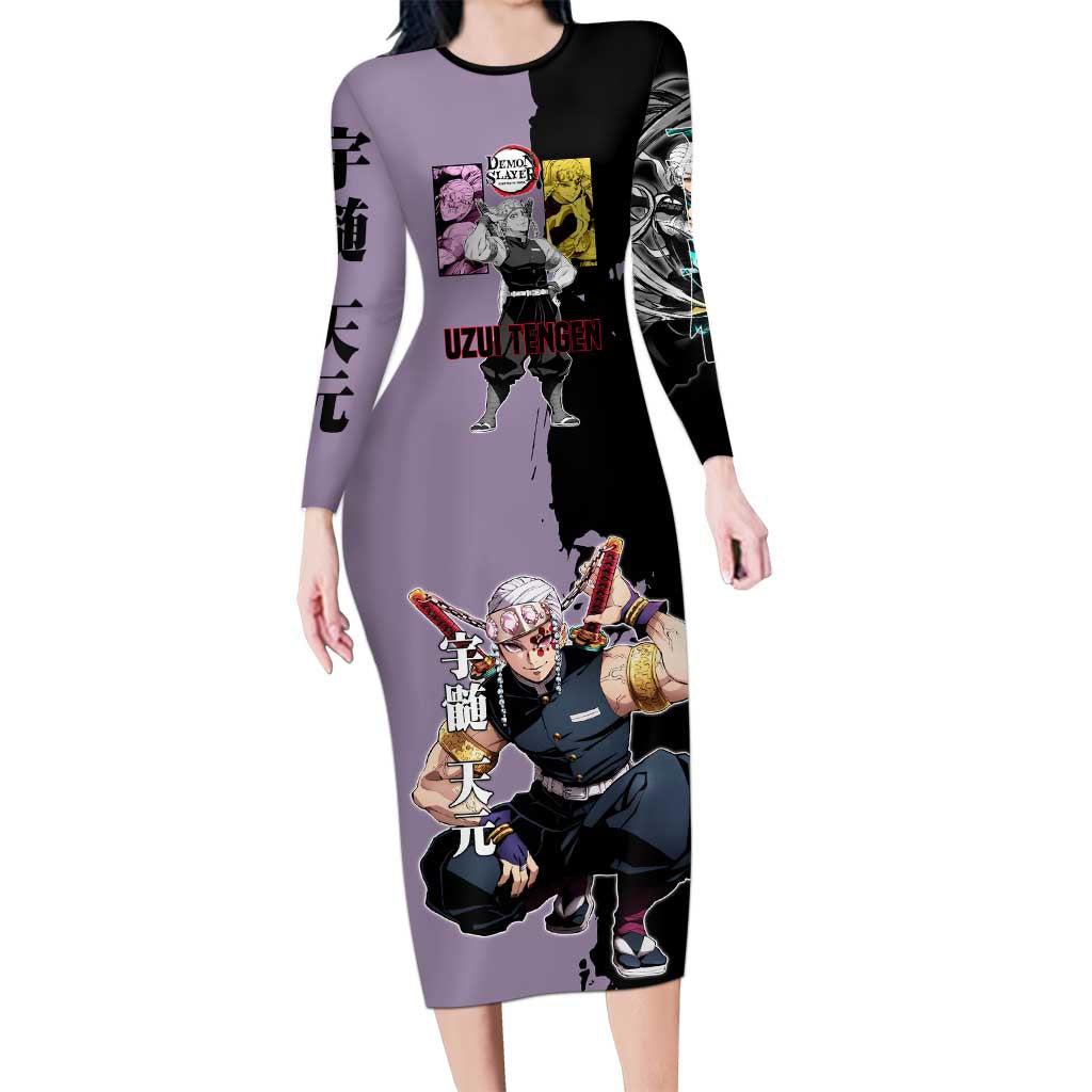 Tengen Uzui from Demon Slayer Long Sleeve Bodycon Dress with Purple and Black Split Design and Dual Sword Manga Panel Layout - The Mazicc