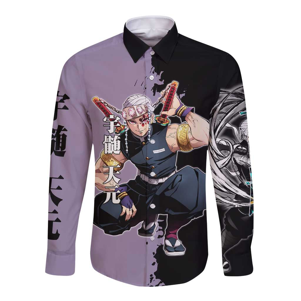 Tengen Uzui from Demon Slayer Long Sleeve Button Shirt with Purple and Black Split Design and Dual Sword Manga Panel Layout - The Mazicc