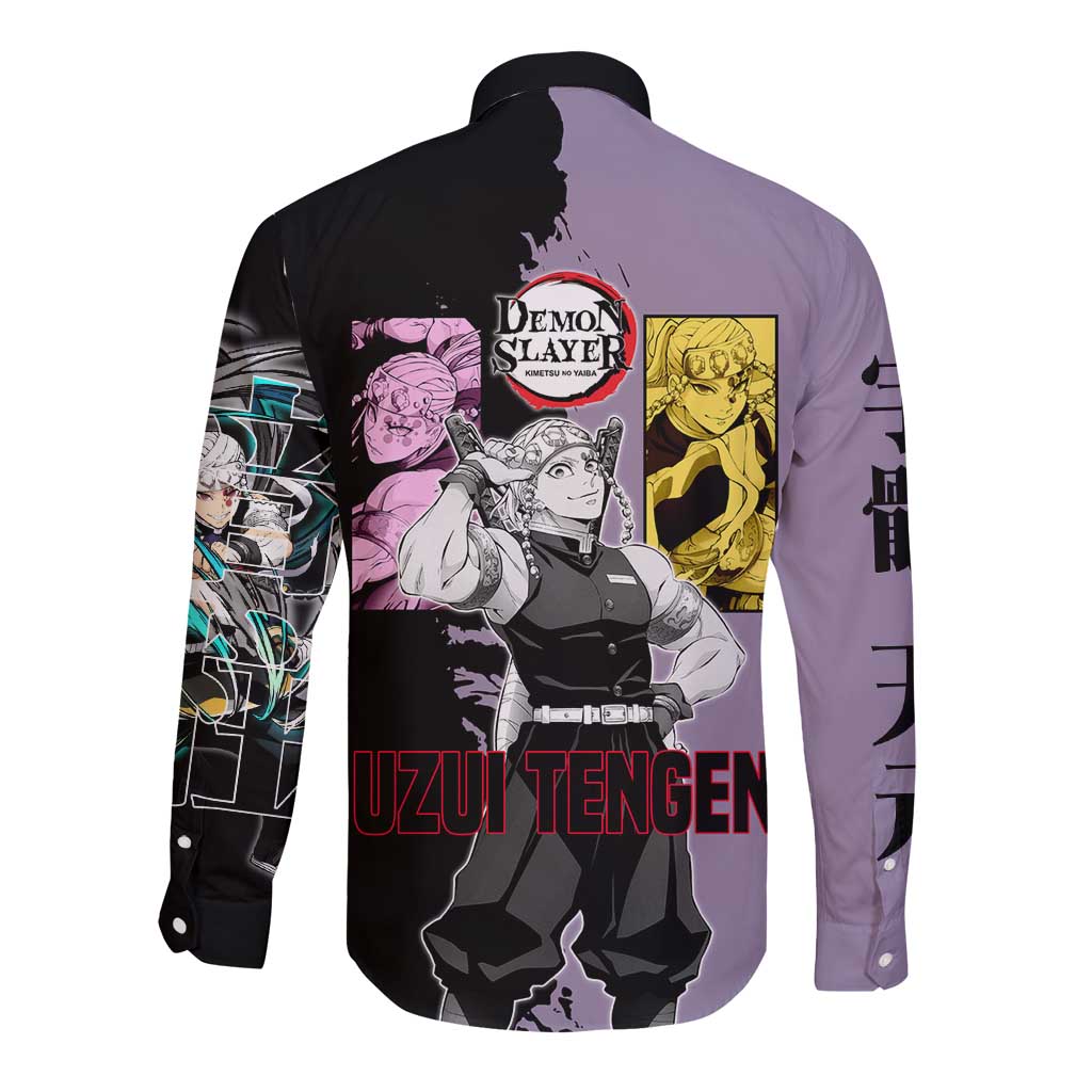 Tengen Uzui from Demon Slayer Long Sleeve Button Shirt with Purple and Black Split Design and Dual Sword Manga Panel Layout - The Mazicc