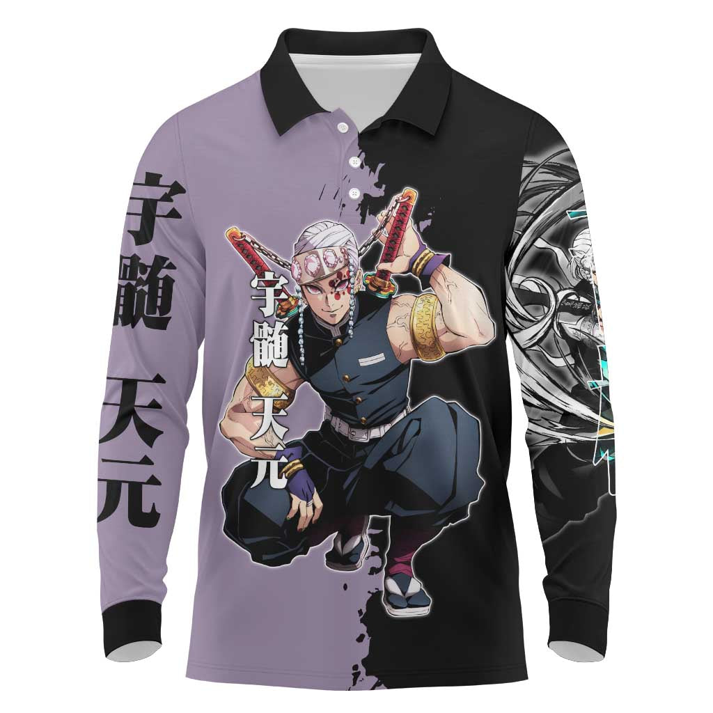 Tengen Uzui from Demon Slayer Long Sleeve Polo Shirt with Purple and Black Split Design and Dual Sword Manga Panel Layout - The Mazicc