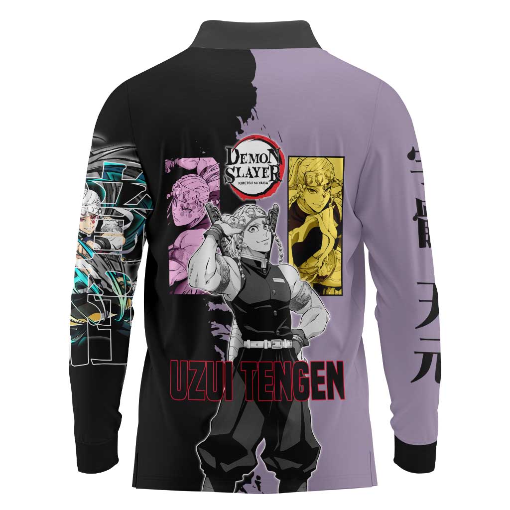 Tengen Uzui from Demon Slayer Long Sleeve Polo Shirt with Purple and Black Split Design and Dual Sword Manga Panel Layout - The Mazicc