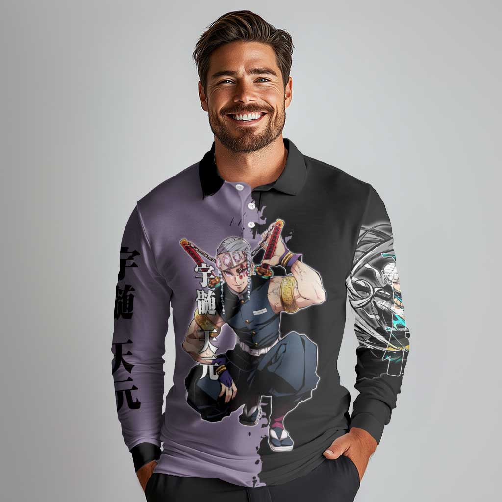 Tengen Uzui from Demon Slayer Long Sleeve Polo Shirt with Purple and Black Split Design and Dual Sword Manga Panel Layout - The Mazicc