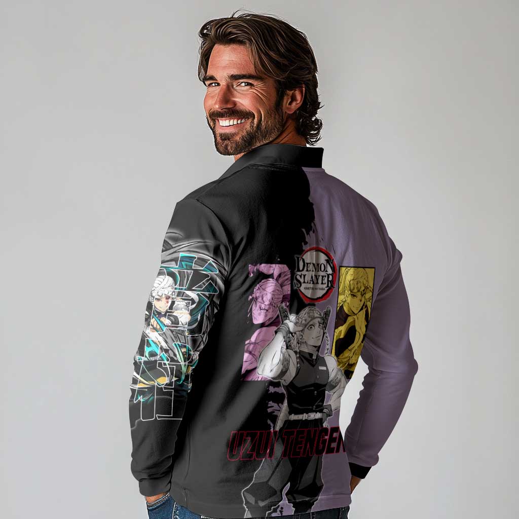 Tengen Uzui from Demon Slayer Long Sleeve Polo Shirt with Purple and Black Split Design and Dual Sword Manga Panel Layout - The Mazicc