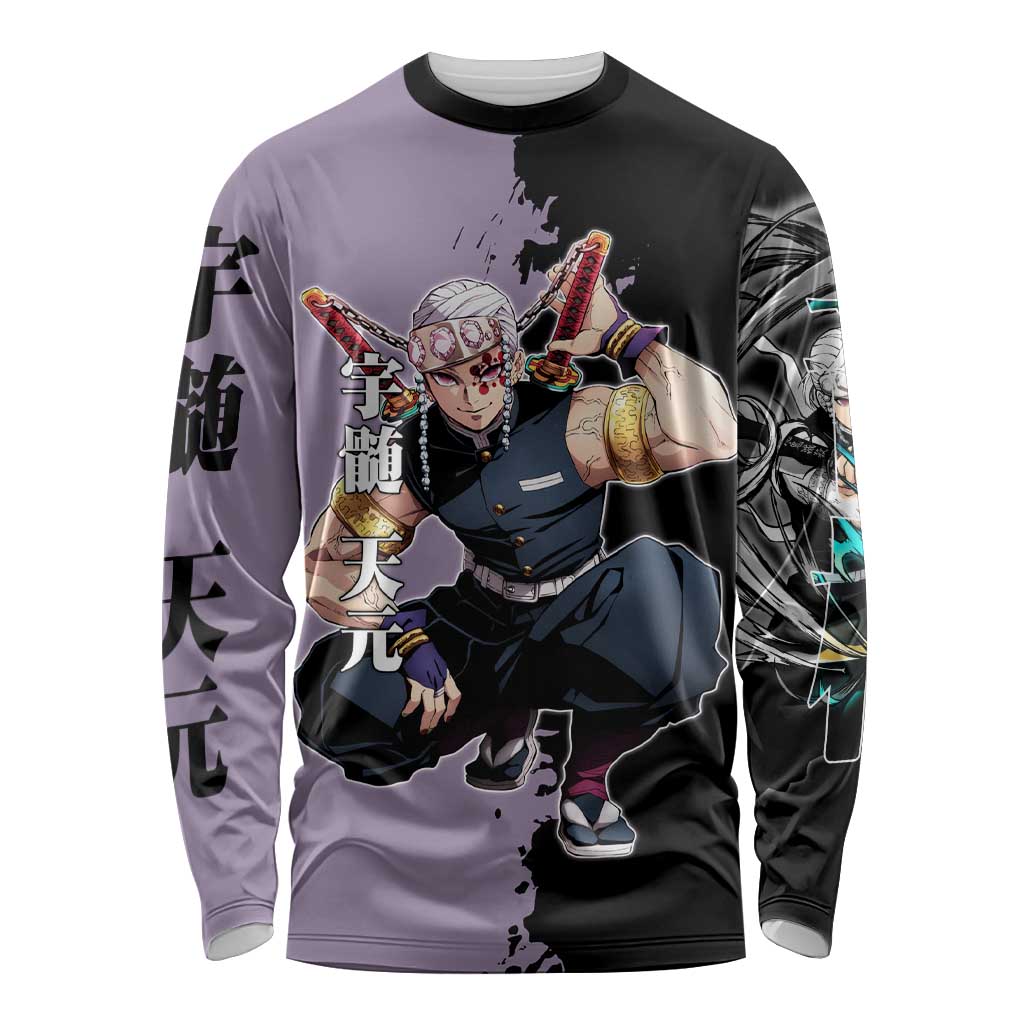 Tengen Uzui from Demon Slayer Long Sleeve Shirt with Purple and Black Split Design and Dual Sword Manga Panel Layout - The Mazicc