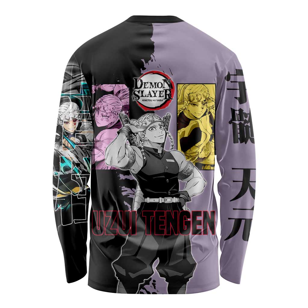 Tengen Uzui from Demon Slayer Long Sleeve Shirt with Purple and Black Split Design and Dual Sword Manga Panel Layout - The Mazicc