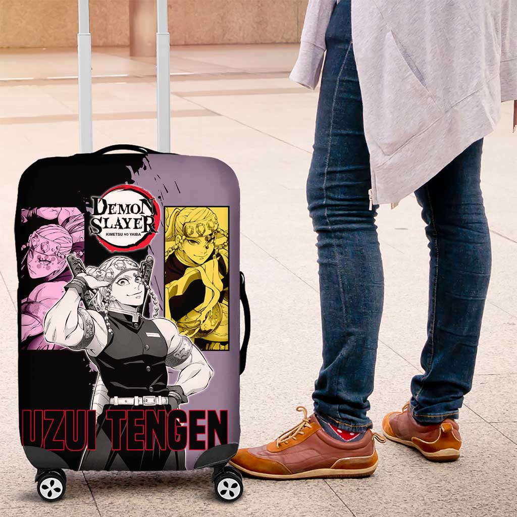 Tengen Uzui from Demon Slayer Luggage Cover with Purple and Black Split Design and Dual Sword Manga Panel Layout - The Mazicc