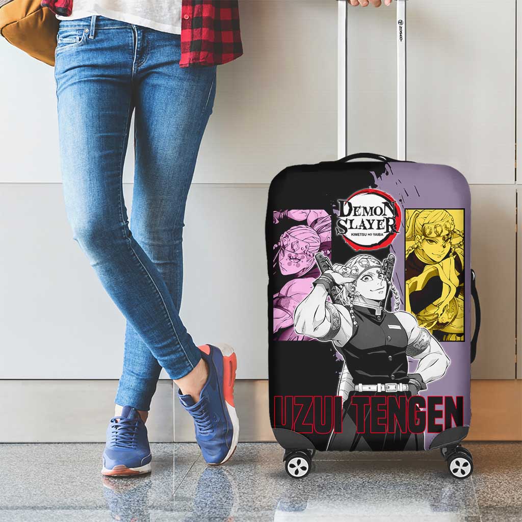 Tengen Uzui from Demon Slayer Luggage Cover with Purple and Black Split Design and Dual Sword Manga Panel Layout - The Mazicc