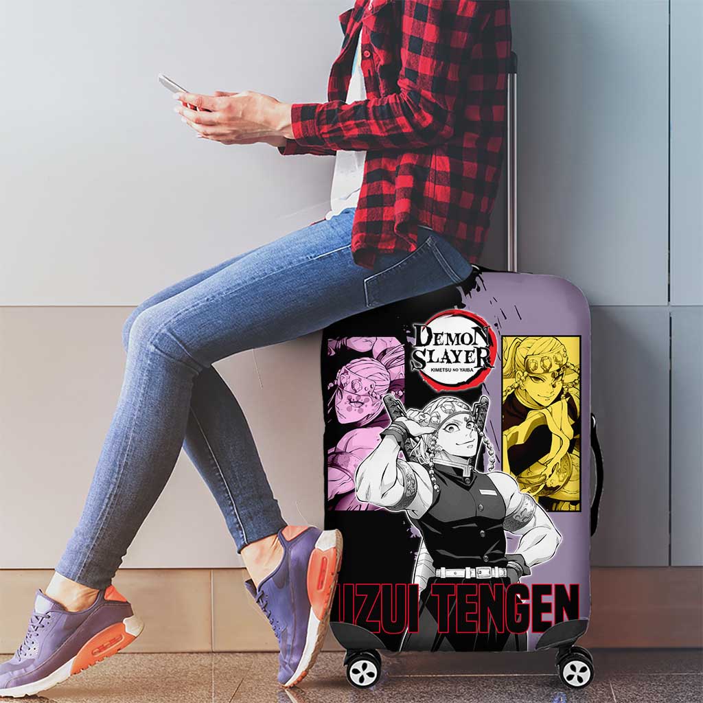 Tengen Uzui from Demon Slayer Luggage Cover with Purple and Black Split Design and Dual Sword Manga Panel Layout - The Mazicc