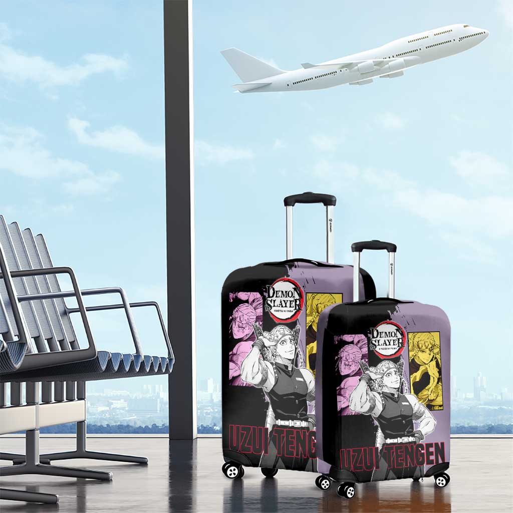 Tengen Uzui from Demon Slayer Luggage Cover with Purple and Black Split Design and Dual Sword Manga Panel Layout - The Mazicc