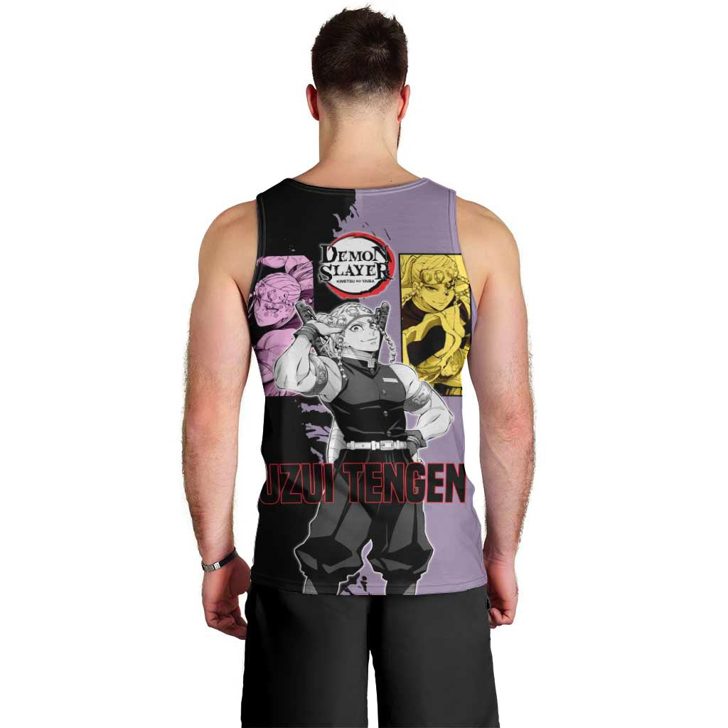 Tengen Uzui from Demon Slayer Men Tank Top with Purple and Black Split Design and Dual Sword Manga Panel Layout - The Mazicc