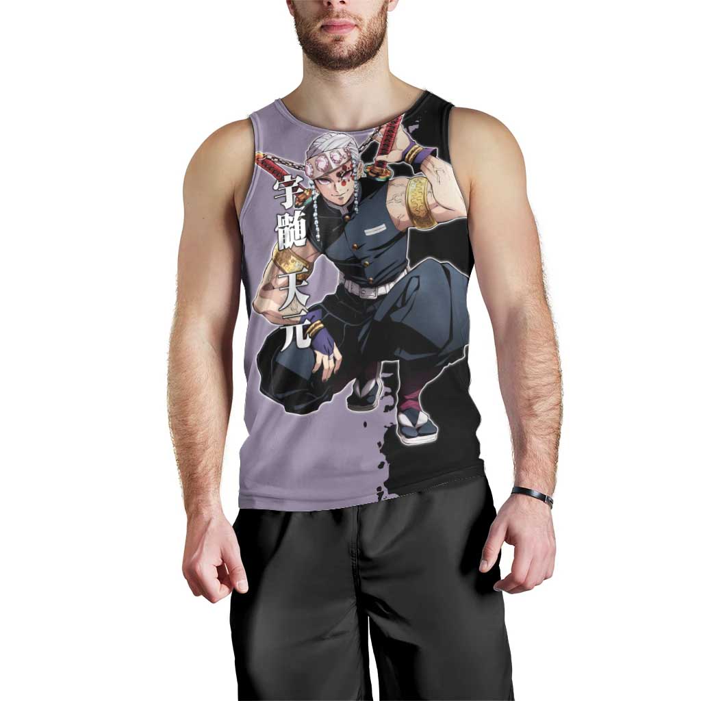 Tengen Uzui from Demon Slayer Men Tank Top with Purple and Black Split Design and Dual Sword Manga Panel Layout - The Mazicc