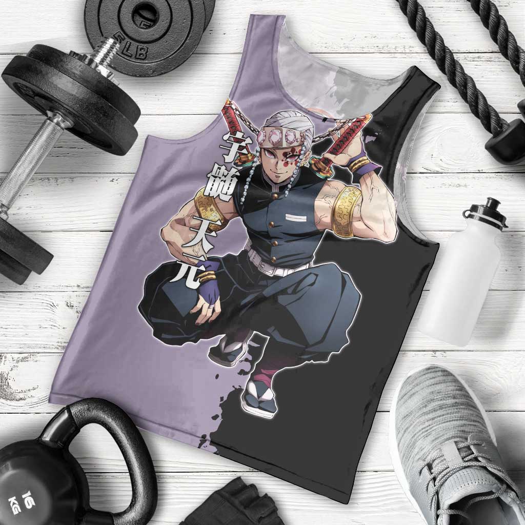Tengen Uzui from Demon Slayer Men Tank Top with Purple and Black Split Design and Dual Sword Manga Panel Layout - The Mazicc