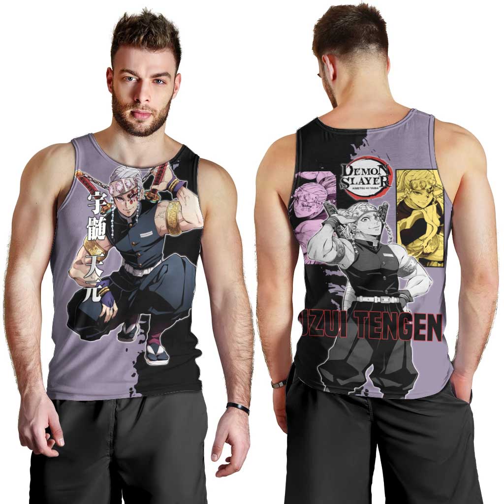 Tengen Uzui from Demon Slayer Men Tank Top with Purple and Black Split Design and Dual Sword Manga Panel Layout - The Mazicc
