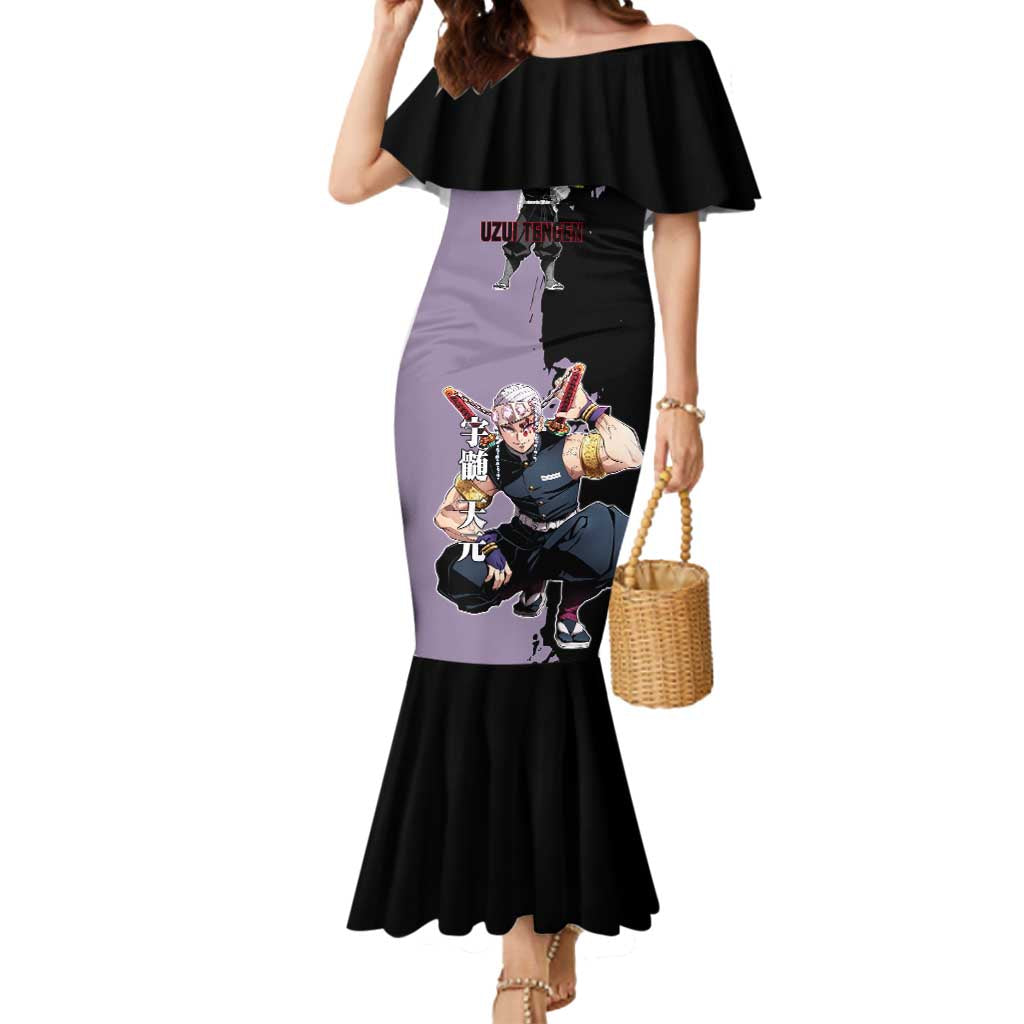 Tengen Uzui from Demon Slayer Mermaid Dress with Purple and Black Split Design and Dual Sword Manga Panel Layout - The Mazicc