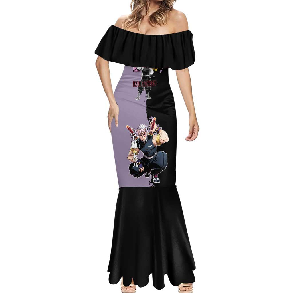 Tengen Uzui from Demon Slayer Mermaid Dress with Purple and Black Split Design and Dual Sword Manga Panel Layout - The Mazicc