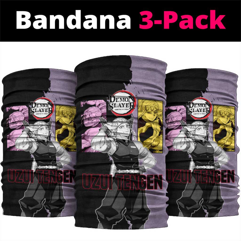Tengen Uzui from Demon Slayer Neck Gaiter with Purple and Black Split Design and Dual Sword Manga Panel Layout - The Mazicc