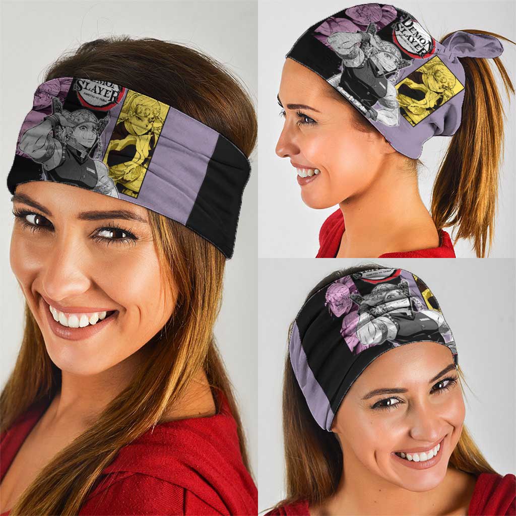 Tengen Uzui from Demon Slayer Neck Gaiter with Purple and Black Split Design and Dual Sword Manga Panel Layout - The Mazicc