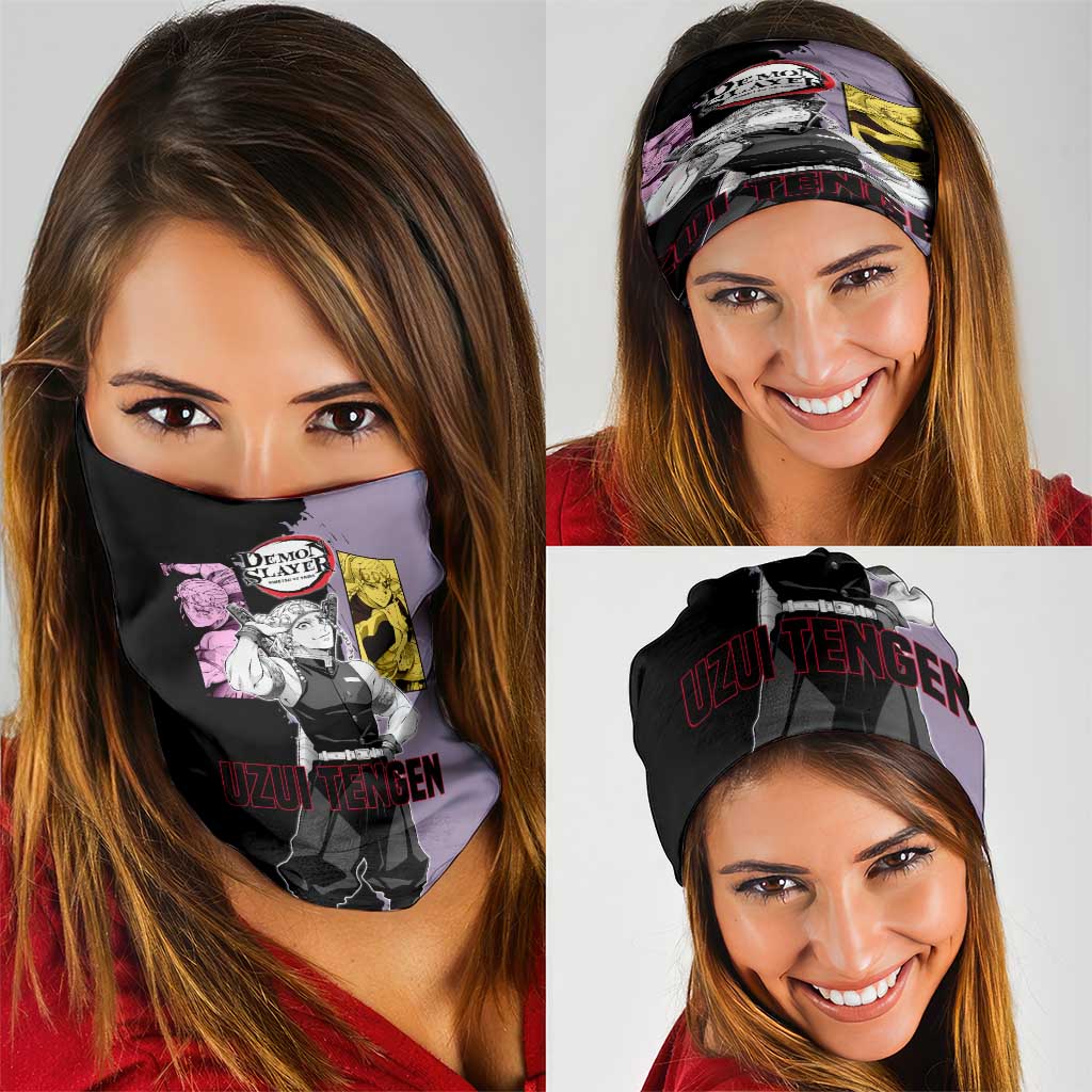 Tengen Uzui from Demon Slayer Neck Gaiter with Purple and Black Split Design and Dual Sword Manga Panel Layout - The Mazicc