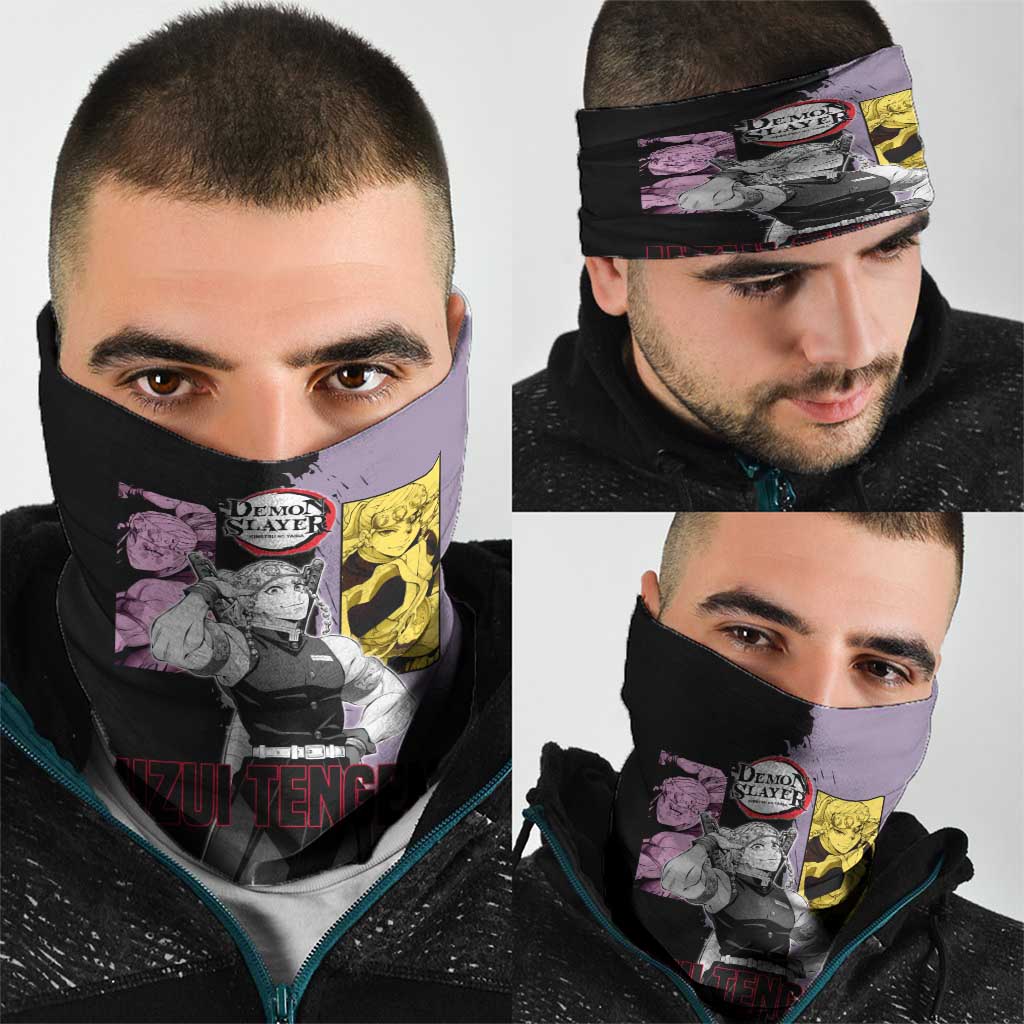 Tengen Uzui from Demon Slayer Neck Gaiter with Purple and Black Split Design and Dual Sword Manga Panel Layout - The Mazicc