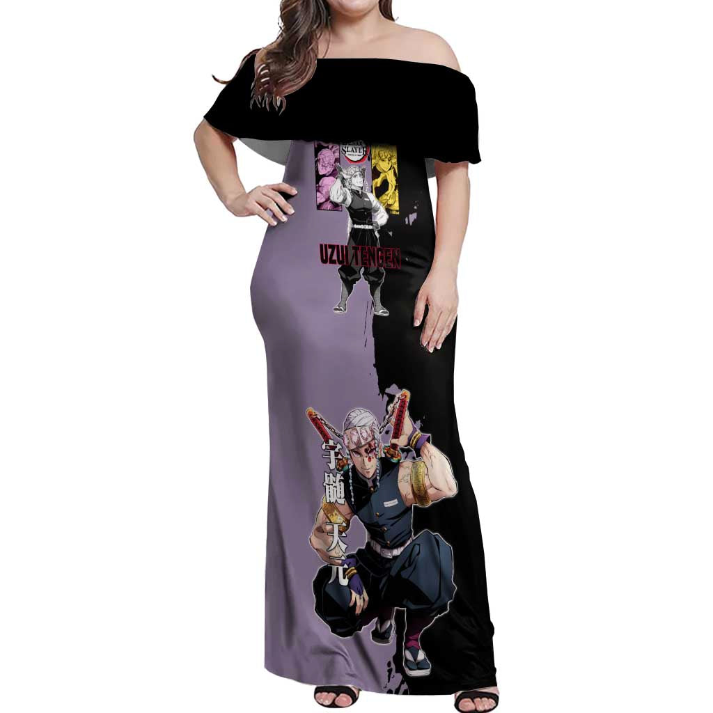 Tengen Uzui from Demon Slayer Off Shoulder Maxi Dress with Purple and Black Split Design and Dual Sword Manga Panel Layout - The Mazicc