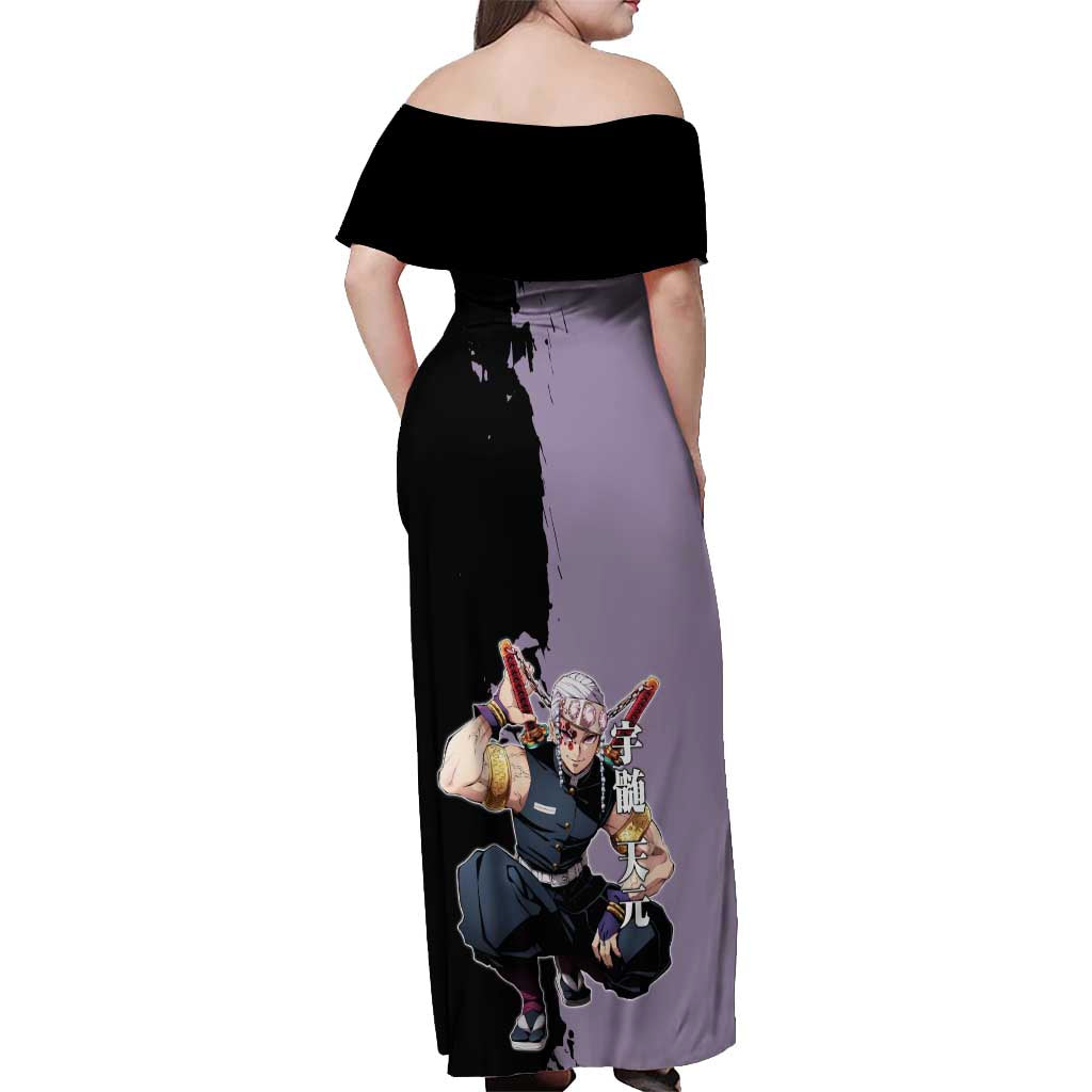 Tengen Uzui from Demon Slayer Off Shoulder Maxi Dress with Purple and Black Split Design and Dual Sword Manga Panel Layout - The Mazicc
