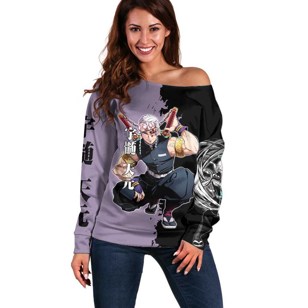 Tengen Uzui from Demon Slayer Off Shoulder Sweater with Purple and Black Split Design and Dual Sword Manga Panel Layout - The Mazicc