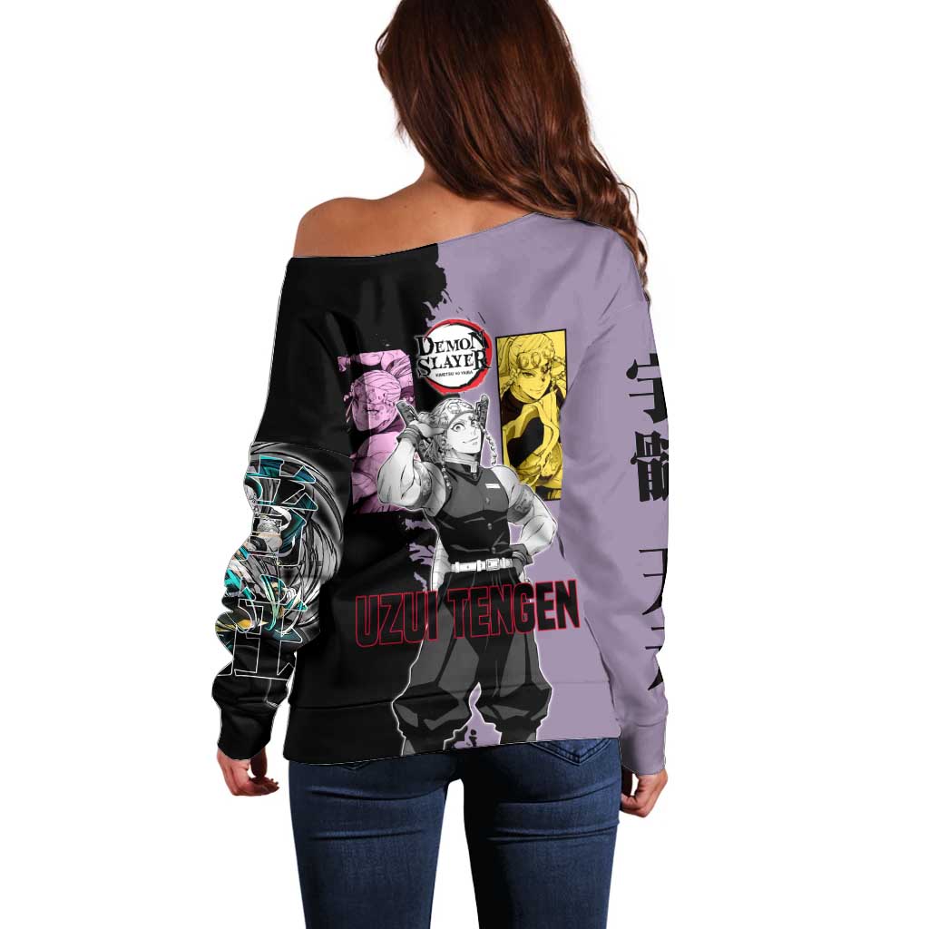 Tengen Uzui from Demon Slayer Off Shoulder Sweater with Purple and Black Split Design and Dual Sword Manga Panel Layout - The Mazicc