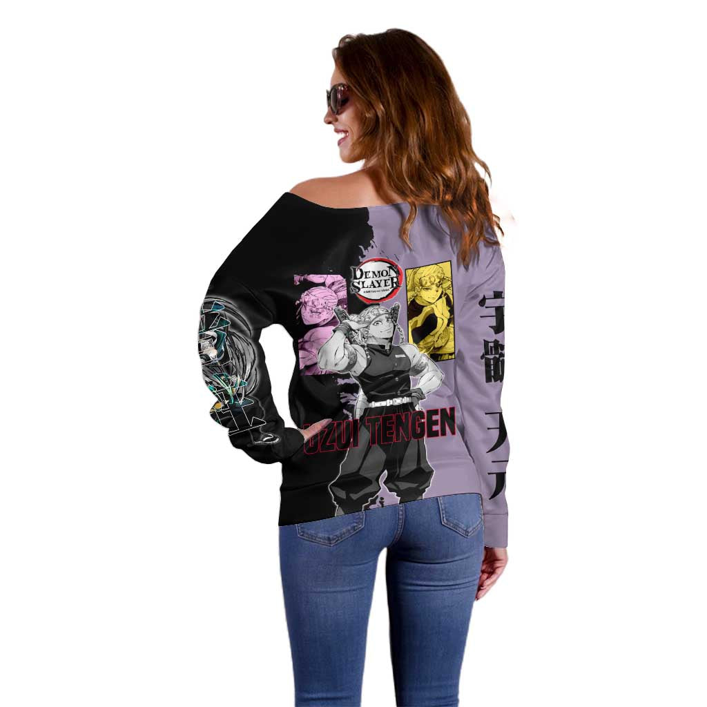 Tengen Uzui from Demon Slayer Off Shoulder Sweater with Purple and Black Split Design and Dual Sword Manga Panel Layout - The Mazicc