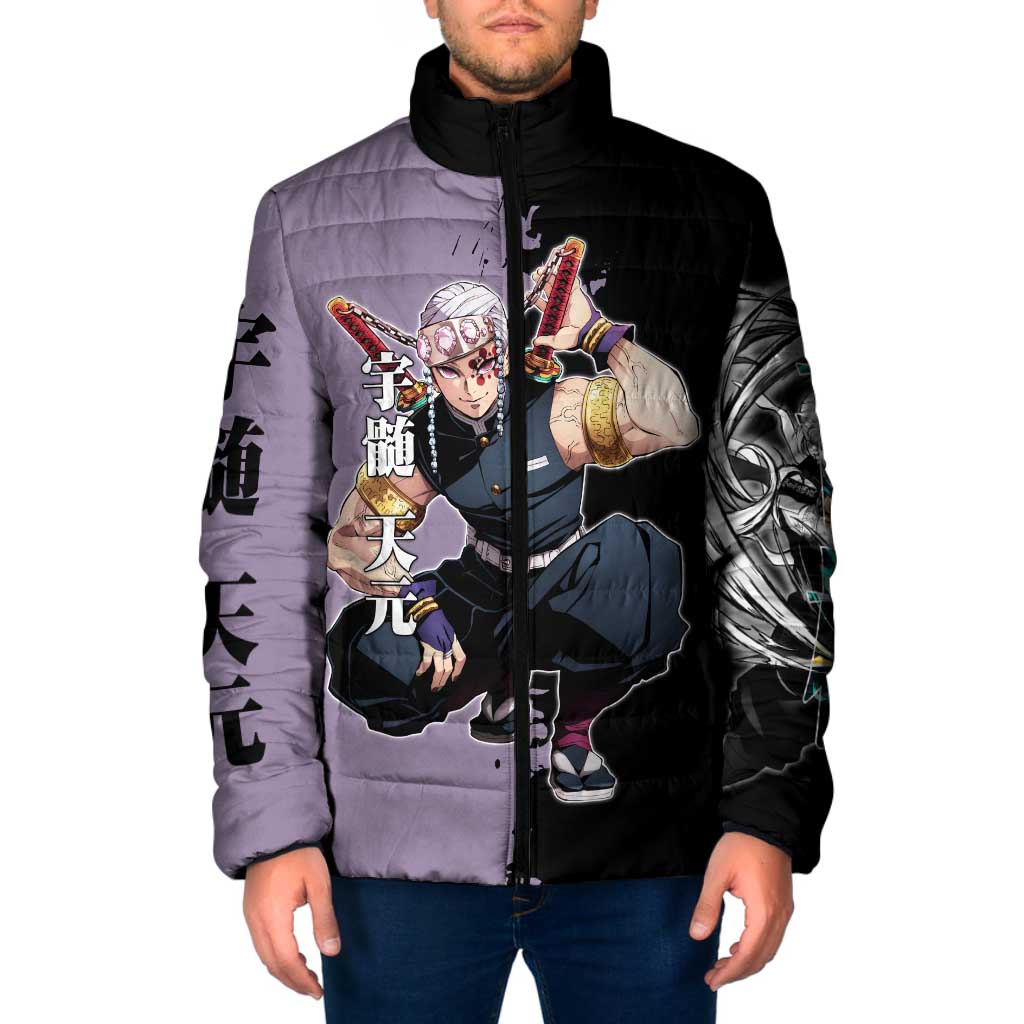 Tengen Uzui from Demon Slayer Padded Jacket with Purple and Black Split Design and Dual Sword Manga Panel Layout - The Mazicc