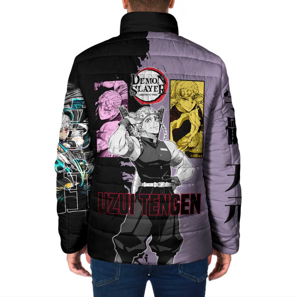 Tengen Uzui from Demon Slayer Padded Jacket with Purple and Black Split Design and Dual Sword Manga Panel Layout - The Mazicc